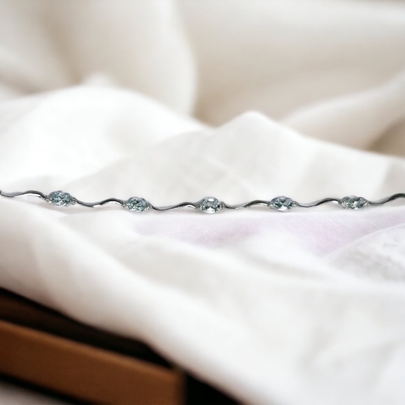 Genuine Aquamarine Silver Bracelet With Diamond Accents - Picture 2 of 8